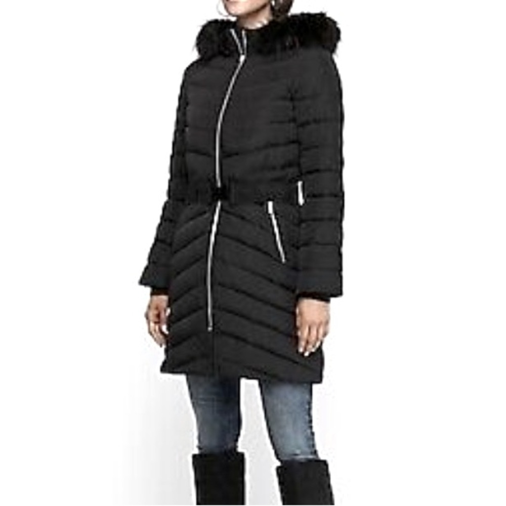 Express Belted Puffer Coat w/ Faux Fur Hood